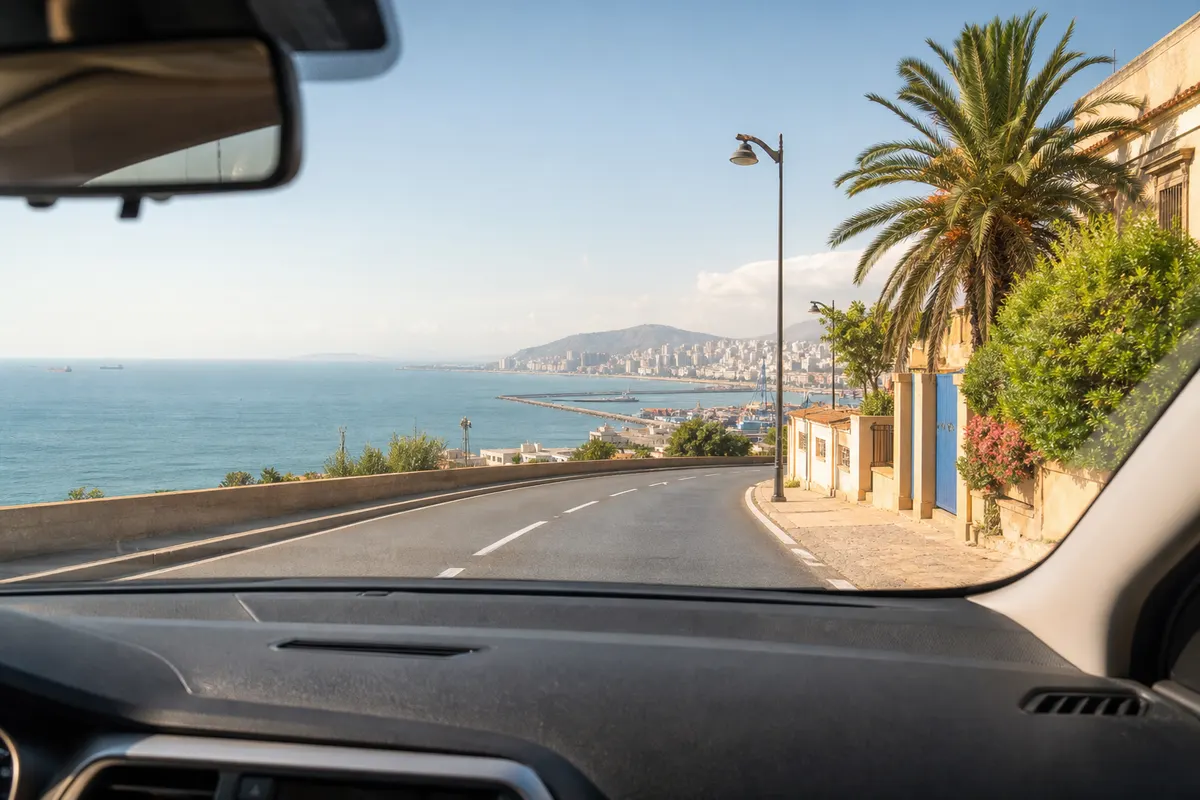 Route côtière vue depuis une voiture à Oran